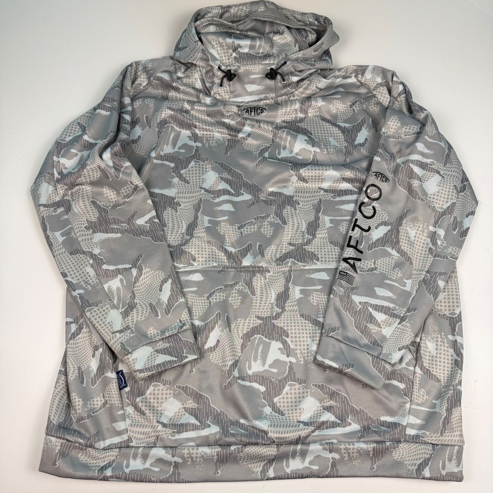 AFTCO Reaper Fishing Hoodie Mens XXL Grey Camo Fleece Lined Performance Pullover